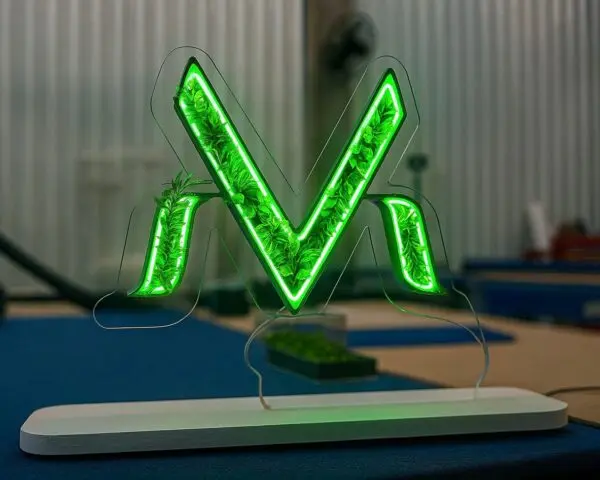 Letras Caixa: Uma letra 'M' tridimensional em acrílico transparente, com iluminação neon verde e preenchimento de folhagens e musgo. A Letra Caixa está apoiada em uma base branca, exibindo um design moderno e orgânico.
