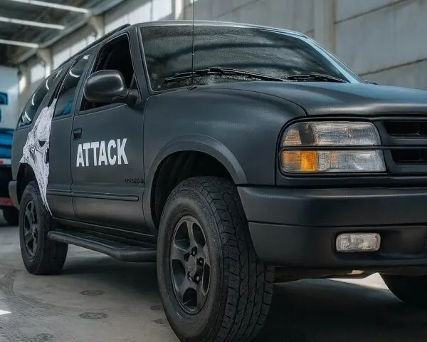 Comunicação visual SUV preto fosco com envelopamento temático ‘ATTACK’ e arte de caveira na lateral